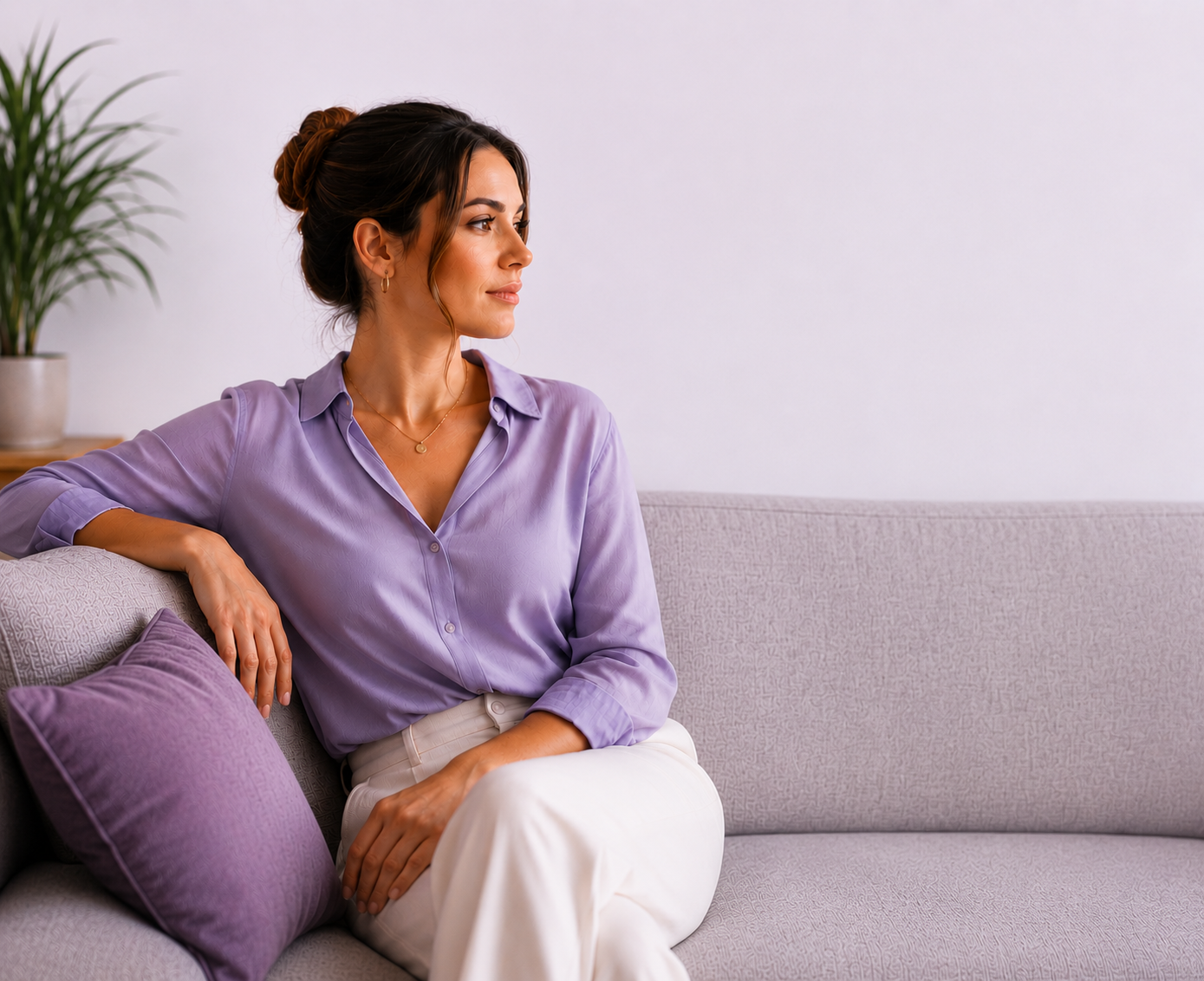 Calm woman sitting in a quiet room, representing emotional steadiness