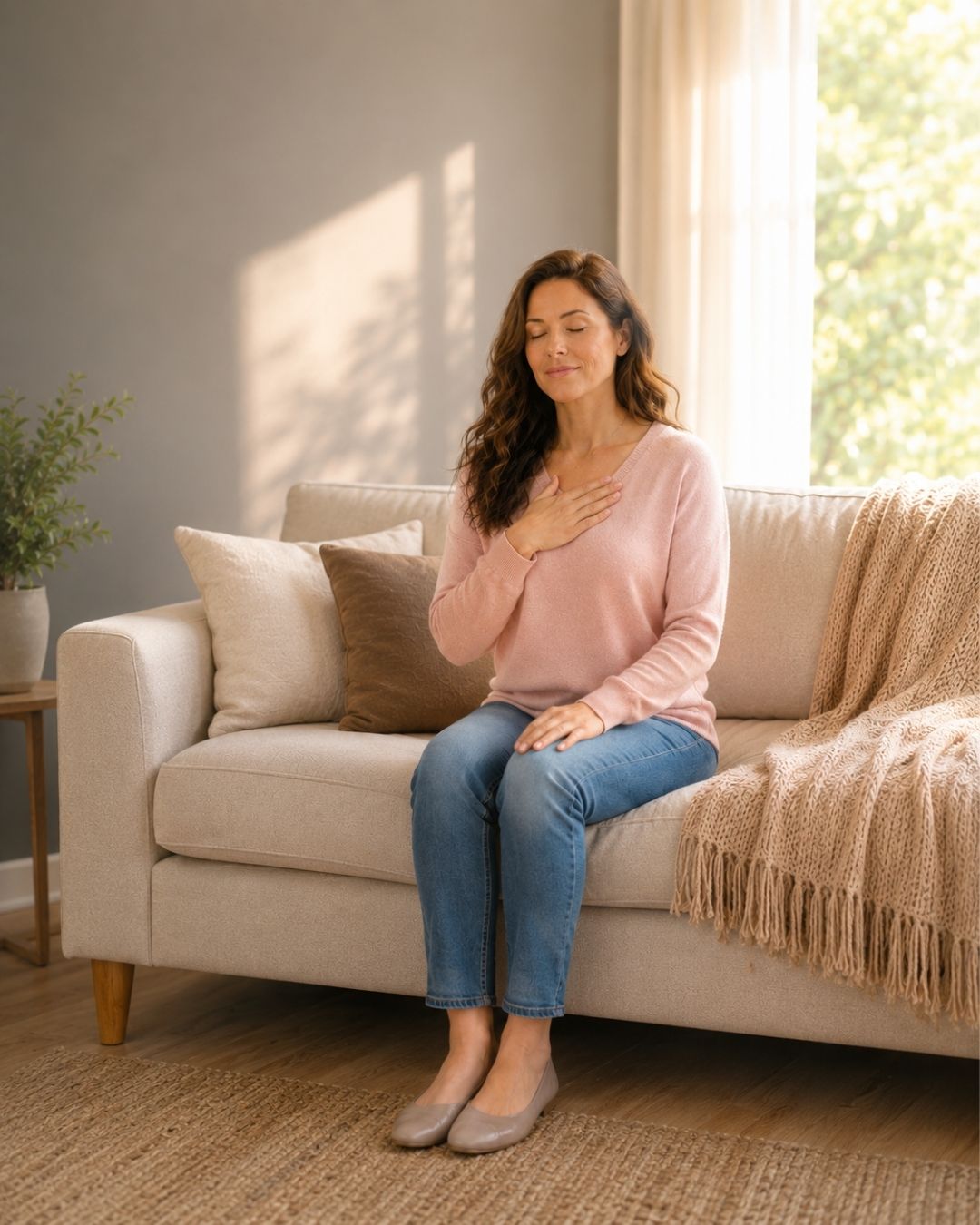 Woman sitting calmly on her sofa, eyes closed, hand on her heart, steady and at peace